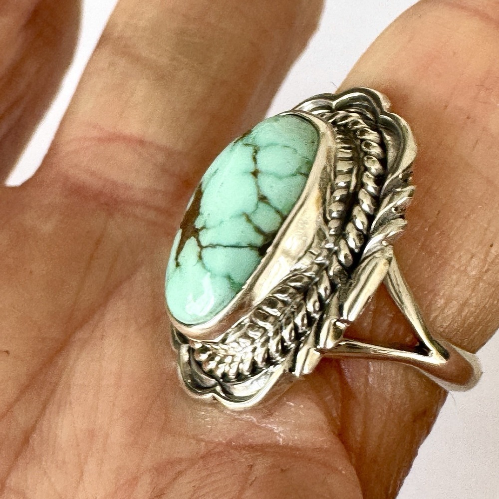 Navajo Turquoise Ring Sz 7 Signed V‎ Chee Rope Sterling Green Native American - Picture 4 of 6